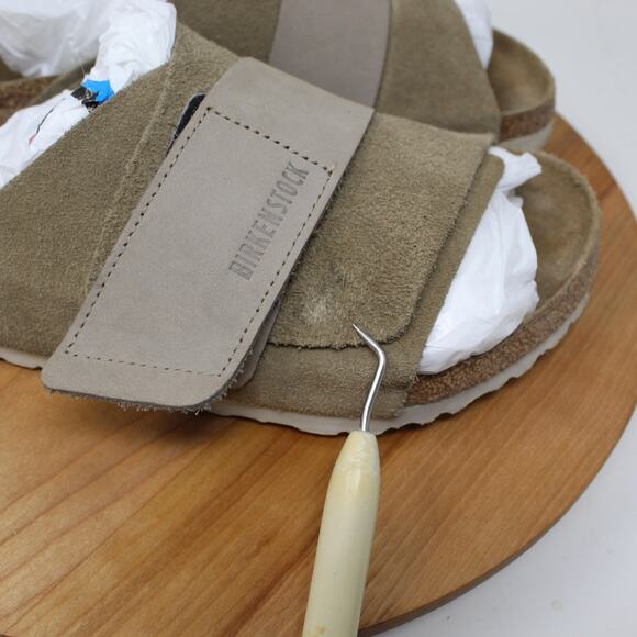 Birkenstock Sandals Mens 11 Kyoto Nubuck Suede Leather Taupe Slide Strap Preppy - Picture 3 of 11